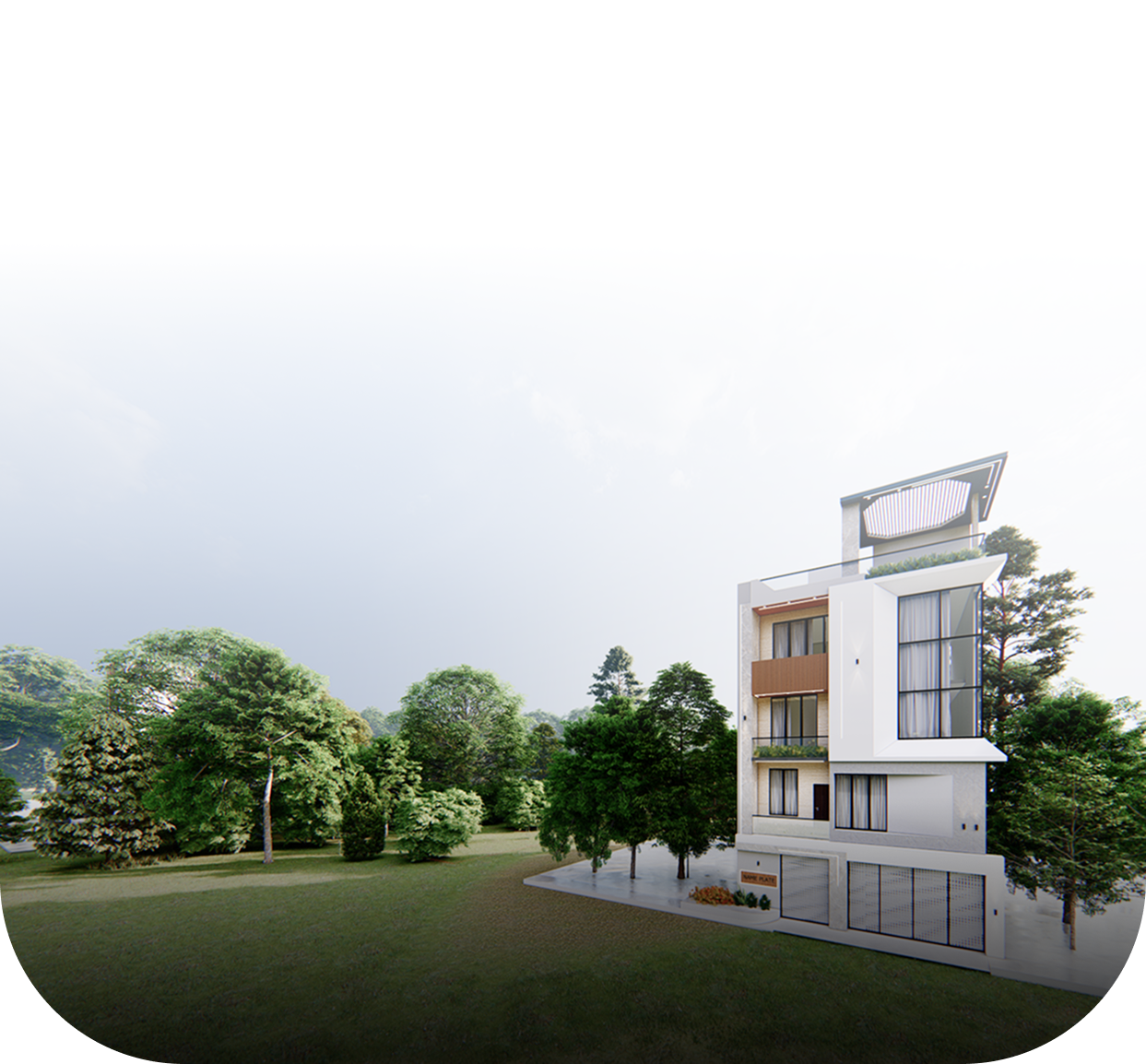 Modern multi-story building in green landscape